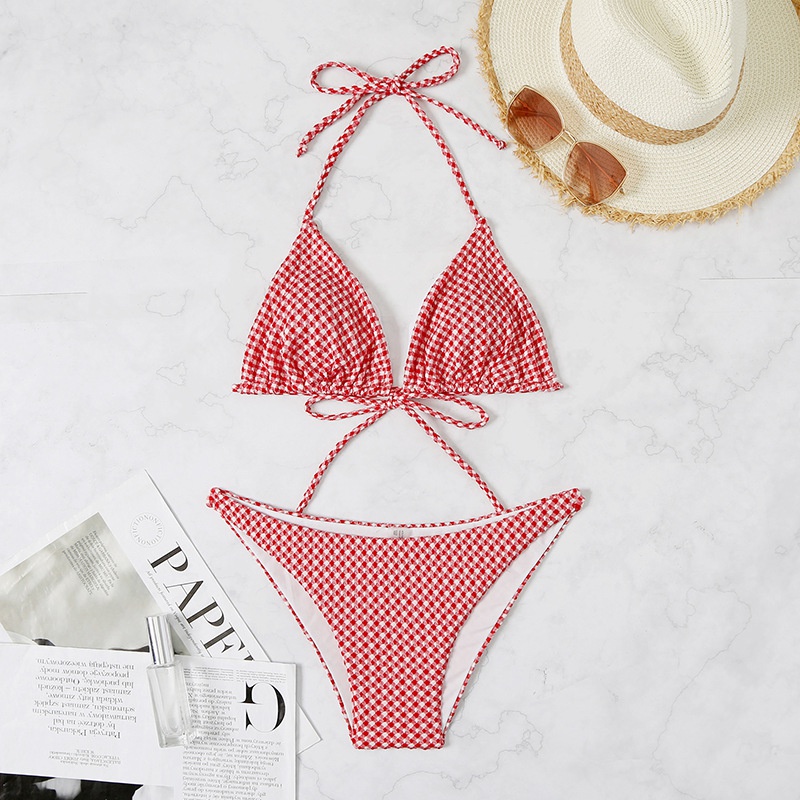 Neuer Damen Rot Karierter Split Badeanzug Sexy Bikini