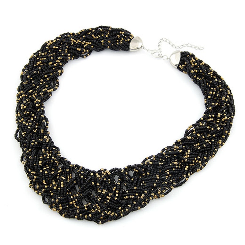 Handmade  Bohemian style  easy match rice beads weave necklace  black  210490