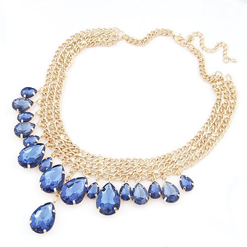 Luxury bright sapphire gem tear drop weave short  necklace 207283