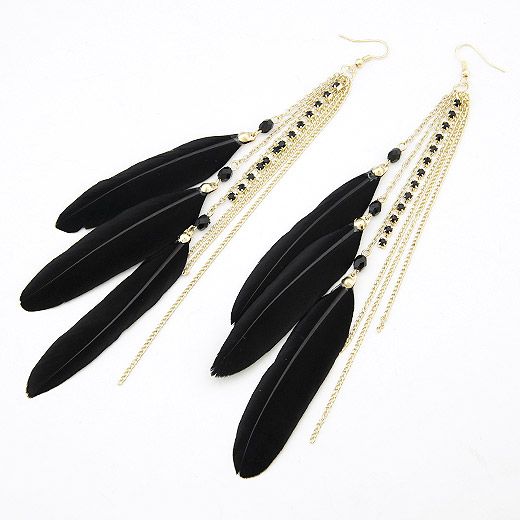 Pretty gem tassel fascinated feather earrings black 200641