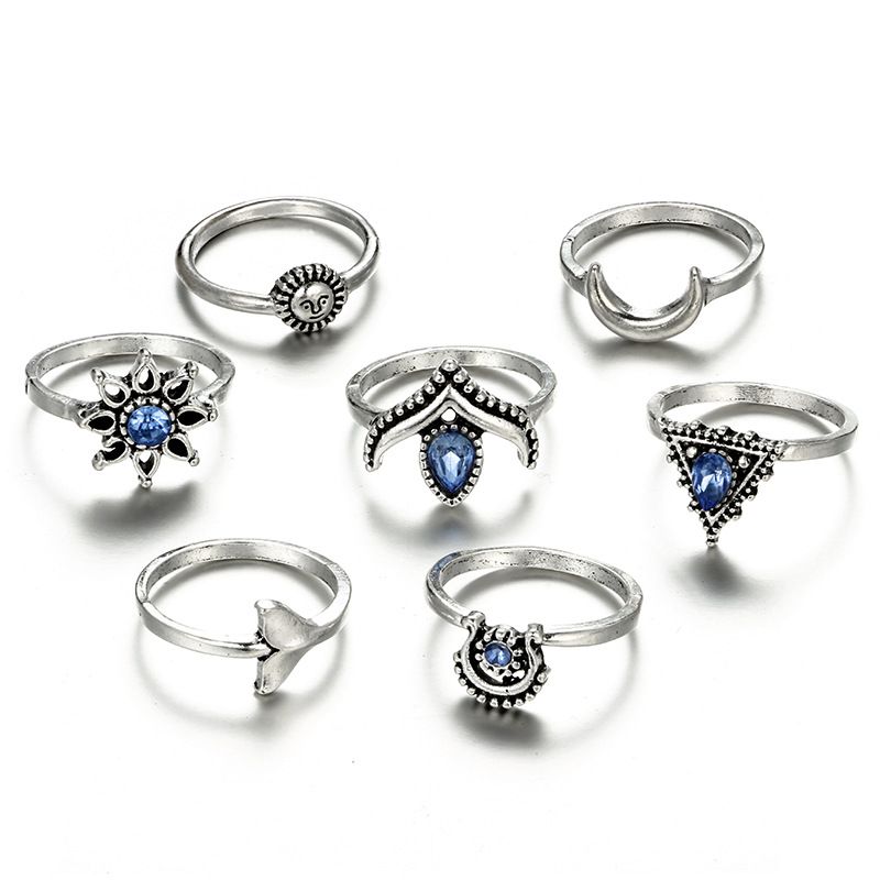 Europe and America Cross Border Ornament Geometric Sun Moon Horn Fishtail Boat Anchor Water Drop Flower Sapphire Ring 7Piece Set