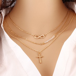 European and American Foreign Trade Trendy Grace MultiLayer Metal Cross Inverted 8 Clavicle Chain Bead Necklace Wholesalepicture1
