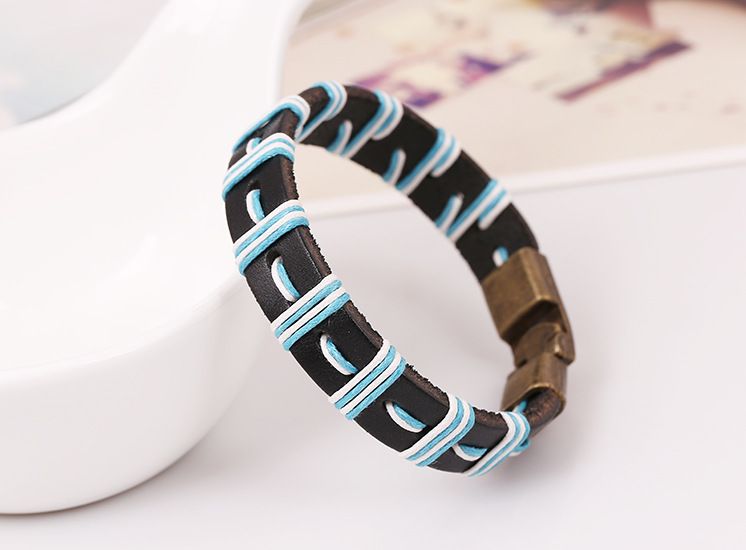 Leather Bohemia Geometric bracelet  Blue white line NHPK1865Blue white line