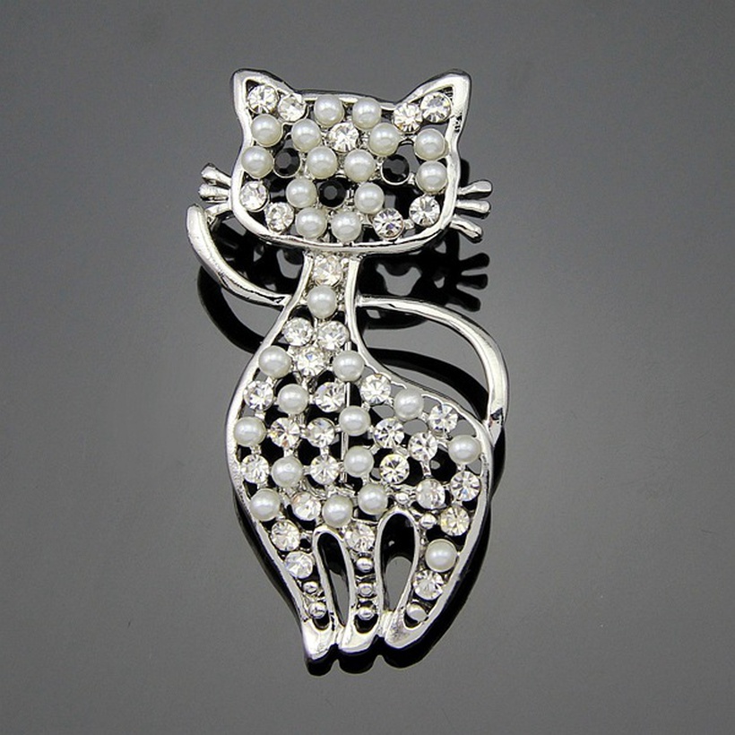 Bijoux Fantaisie Broches | Mignon Kitty Broches Perle Cristal Broche Corsage Femelle Bijoux Cadeau Danniversaire De Mode - OL68727