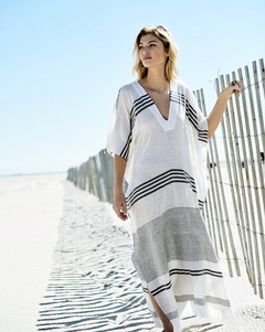 Großhandel neue Stil Baumwolle gestreifte V-Ausschnitt lose lange Bikini-Kleidung Strand Sonnenschutz Kleidung Badeanzug Abdeckung