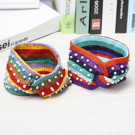 Rainbow stripe knit pearl hair band NHDM157837's discount tags