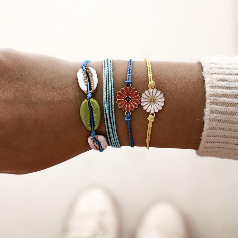 Handwoven alloy daisies shell multilayer rope flower bracelet set