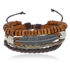 Vintage Multilayer Alloy Feather Cowhide New Wood Bead Bracelet