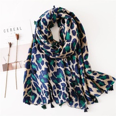 Bufanda de algodón y lino chal bufanda clásica de doble uso de leopardo azul bufanda larga mujer