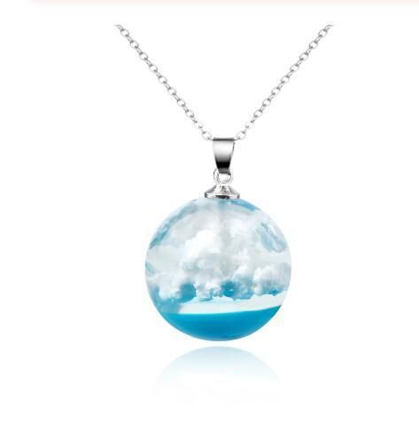 Fashion personality transparent blue sky and white clouds pattern round pendant resin necklace
