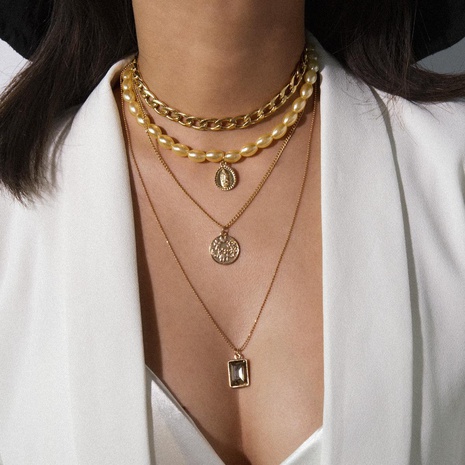 Collar de perlas multicapa de piedras preciosas de retrato retro NHXR156804's discount tags