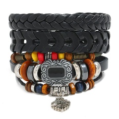 Leather bracelet vintage woven leather jewelry diy three-piece wooden beads bracelet