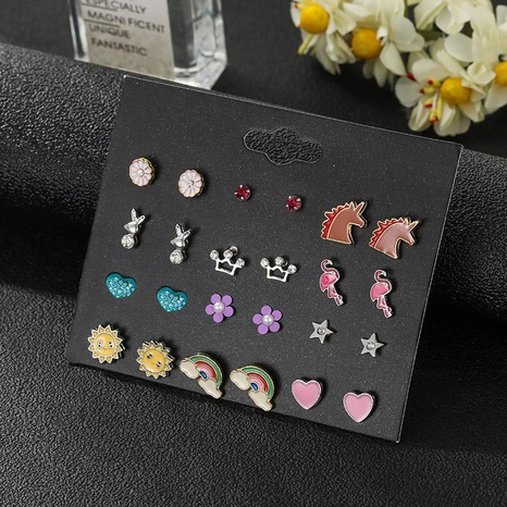 Mini combination earrings female popular sun flower rainbow earrings set drop oil crown diamond earrings's discount tags
