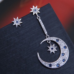 9982 exquisite 925 silver needle Korean fashion copper micro-inlaid zircon star and moon asymmetrical personality earrings