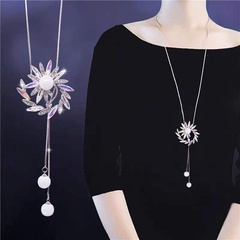 Exquisite Korean Fashion Metal Shining Bright Flower Drop Spike Pearl Long Necklace/Sweater Chain