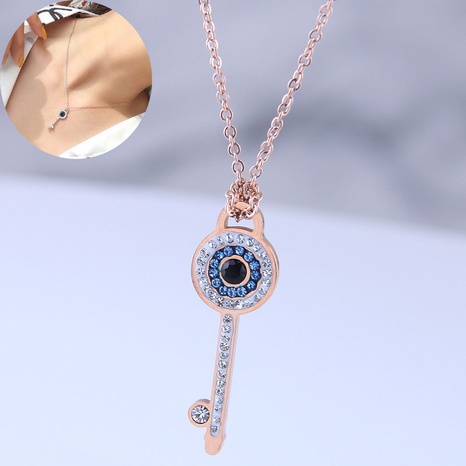 High quality: European and American fashion exquisite titanium steel rose gold sweet OL devil's eye key personality necklace's discount tags