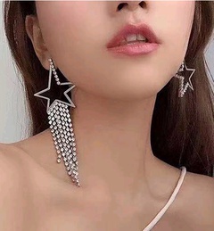 925 Silver Needle Fashion Metal Flash Diamond Pentagram Tassel Asymmetric Exaggerated Personality Stud Earrings