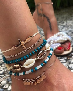 New bohemian vacation style rice beads shell fringed anklet 4-piece women