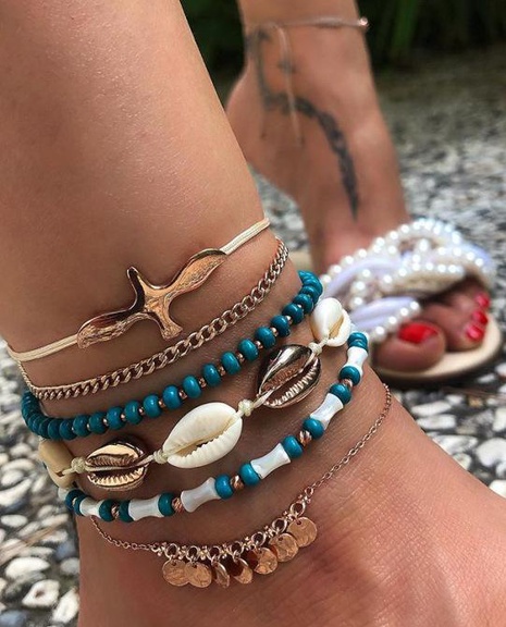 New bohemian vacation style rice beads shell fringed anklet 4-piece women's discount tags