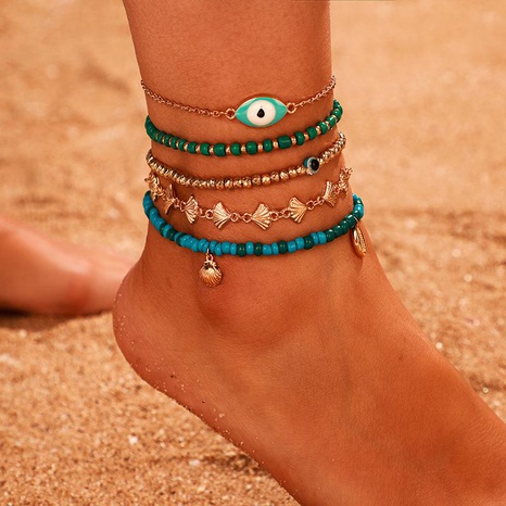Green Bead Eye Shell Anklet Set Personality Scallop Anklet Set of 5's discount tags