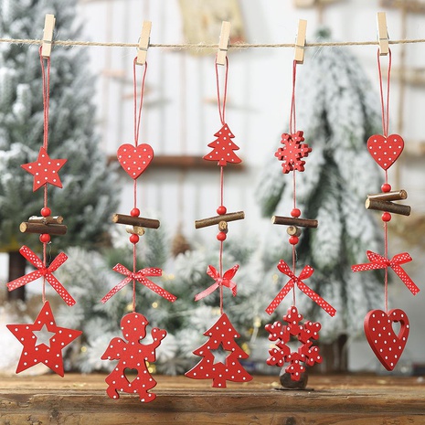 Haube Weihnachten neuer roter Tupfen-Holz anhänger Fünf-Sterne-Weihnachts baum kreativer Anhänger Bogen Liebes anhänger's discount tags