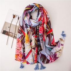 Cotton and linen scarves flowers and birds print travel beach towel tassels sunscreen shawl scarves shawl scarf women