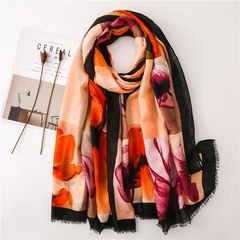 Scarf female oil painting style color rendering flower print super large tassel silk scarf shawl