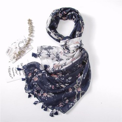 Spring and summer thin cotton and linen scarf vine flower pattern printing white navy blue color handmade tassel silk scarf