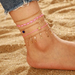 Simple Fashion Star Angel Angel Anklet with Diamond Tassel Pink Thread Rope Anklet Set of 5