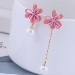 925 aguja de plata delicada moda coreana dulce OL flor perla pendientes asimétricos