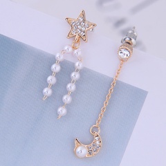 Pearl Asymmetric Earrings 925 Silver Needle Flash Diamond Star Moon Earrings