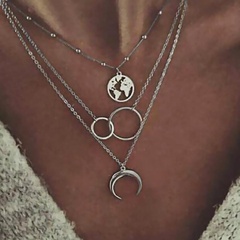 Fashion geometric circle water drop horns moon hollow world map long three-layer necklace clavicle chain