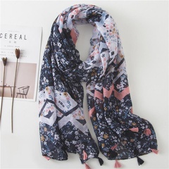 Scarf women summer Korean version of the silk scarf dark blue mixed color floral thin cotton and linen scarf