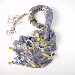 Bufanda de algodón y lino para mujer otoño e invierno versión coreana de la flor de graffiti azul marino párrafo largo chal aumentado