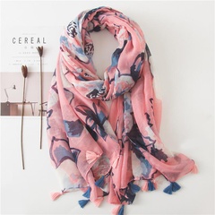 Scarf women's pink and blue printing tassel tulle sunscreen shawl long cotton and linen scarf women