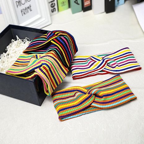 Striped hair band turban tiara romantic rainbow wide edge headband wholesale's discount tags