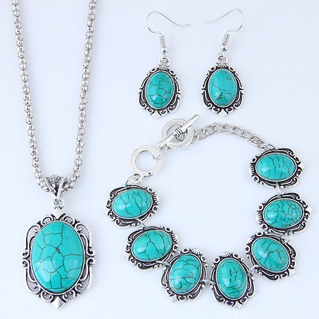 European and American metal inlaid turquoise simple temperament necklace earrings bracelet set's discount tags