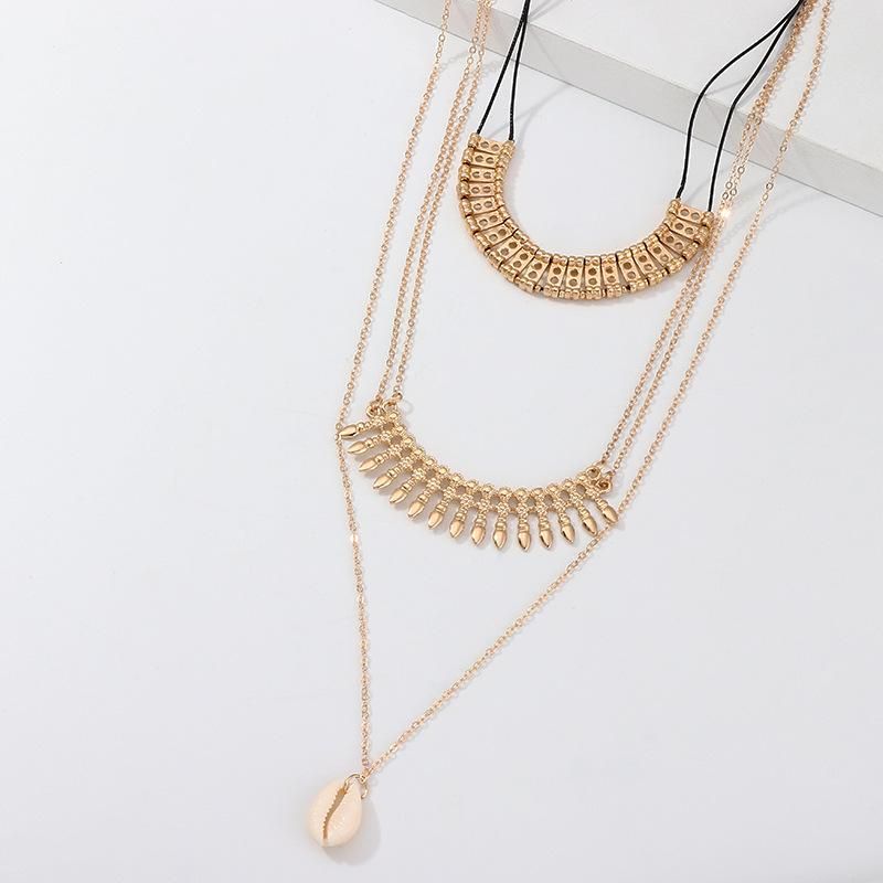 Fashion ethnic style alloy fringed shell necklace multilayer pendant NHNZ129516