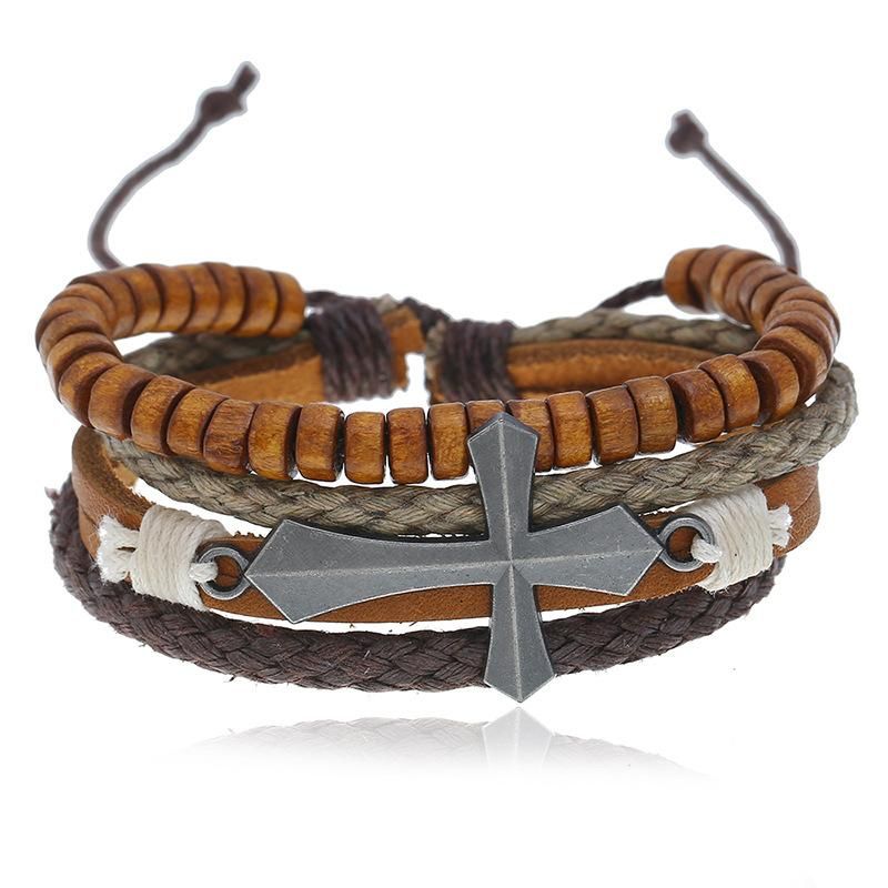 Vintage Beaded Alloy Cross Multilayer Wood Beads Leather Leather Bracelet NHPK129838