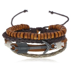 Vintage alloy arrow cowhide multilayer wooden bead bracelet NHPK129842