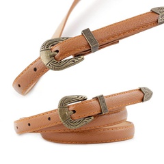 Fashion retro woman imitation leather carved metal buckle thin belt strap for jeans dress multicolor NHPO134199