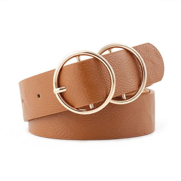 Fashion Woman Faux Leather Metal Double Round Buckle Belt Strap For Dress Jeans Nhpo134158