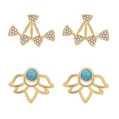 Vintage ethnic style openwork lotus flower turquoise front and rear earrings NHXS138222