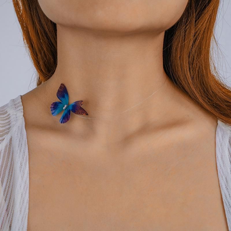 Fashion simple tulle feather butterfly invisible fish line short necklace NHGY131536