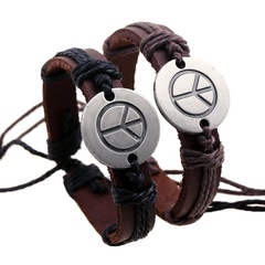 Vintage woven hemp rope alloy peace logo leather bracelet NHPK138929