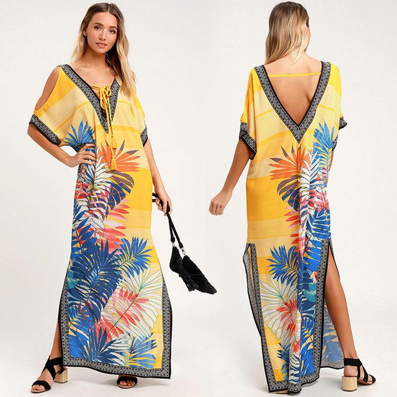 Fashion yellow flower loose holiday dress NHXW145348