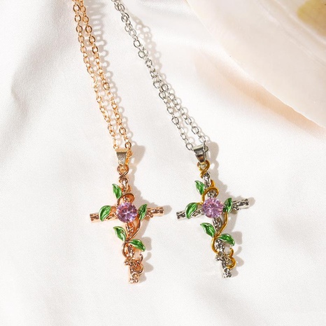 New rhinestone-studded leaves winding cross necklace NHDP148731's discount tags