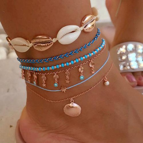 Fashion Heart Shaped Eyes Beads Woven Shell Multilayer Alloy Anklet Bracelet NHGY140053's discount tags