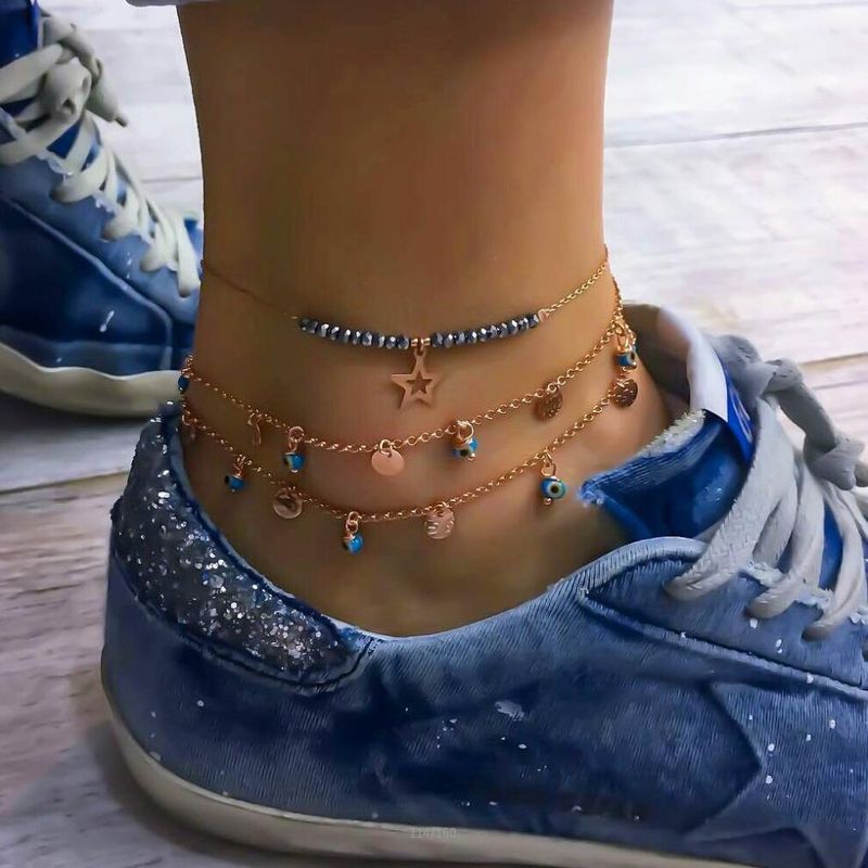 Simple rice beads alloy disc eyes hollow star multilayer anklet bracelet NHGY140110