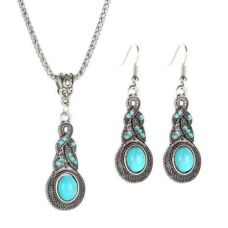 New retro pattern blue crystal inlaid turquoise earrings necklace set NHDP151437's discount tags